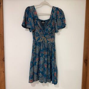 Angie Floral‎ Smocked Mini Dress Womens Size S Teal Wedding Guest | Boho Core